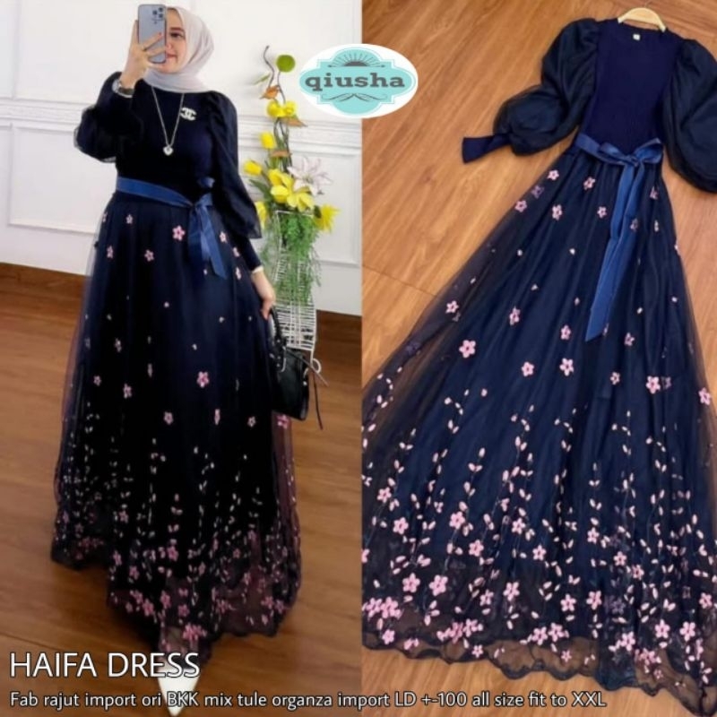 HAIFA DRESS GAMIS BUNGA RAJUT TULE ORGANZA IMPORT BANGKOK BKK