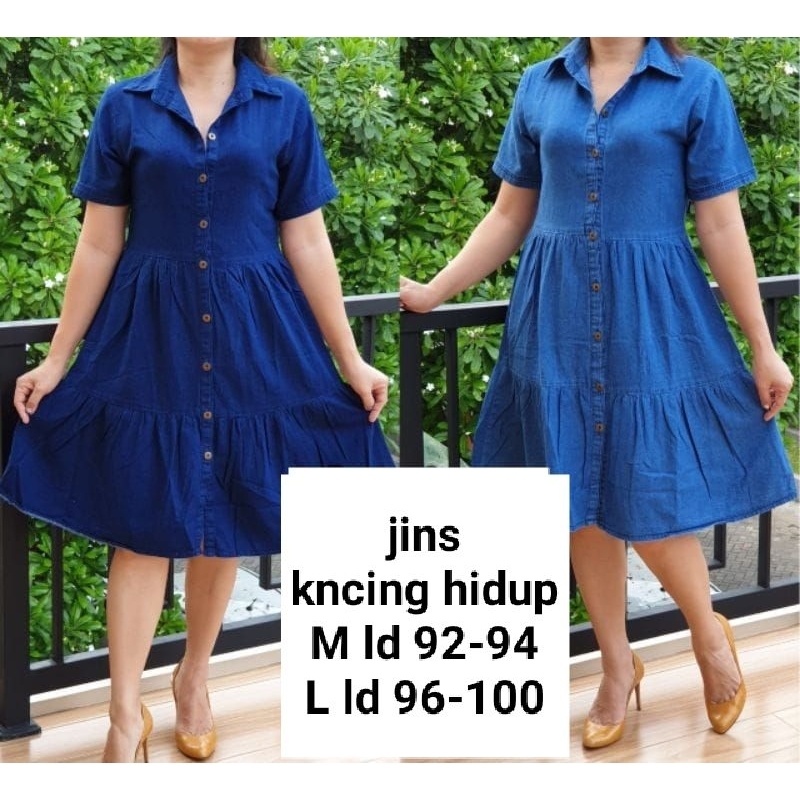 dress jins snow wash biru muda navy tangan pendek bordir  s m lembut polo bordir busui kancing hidup