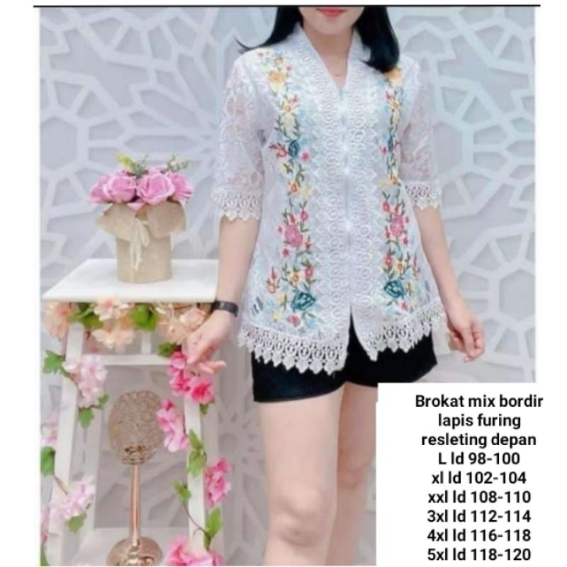 Atasan kebaya putih brokat bordir kancing hidup L xl xxl 3xl 4xl 5xl tangan 3/4