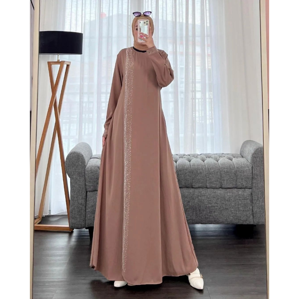 BAJU Dress Wanita Kekinian Matt Crinkle Gamis Muslim Wanita Aplikasi Swaroski Zipper Belakang Kadizah Dress Kondangan Masa Kini Simple Terbaru 2023