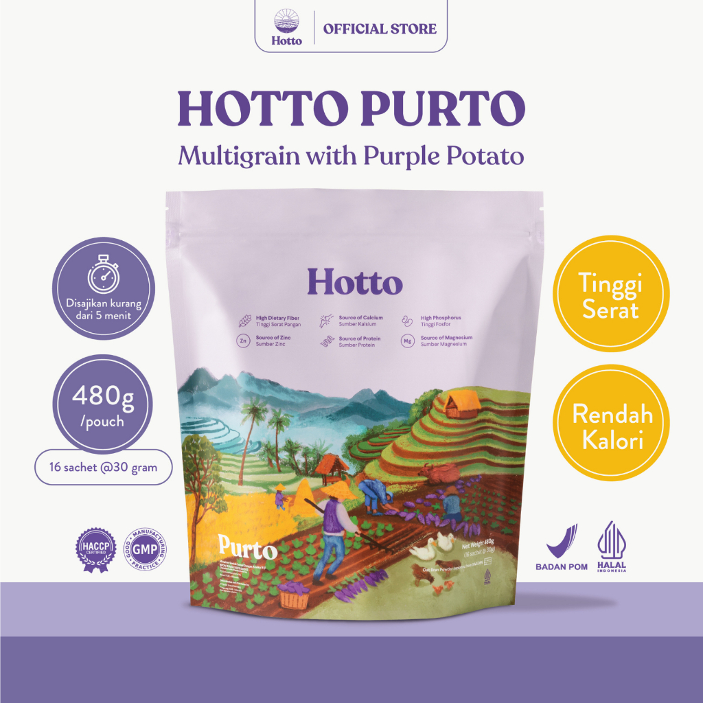 Hotto Purto Multigrain with Ubi Ungu Oatmeal Sereal Powder Bubuk Makanan Sehat Instan Organik Asam Lambung Diet Kemasan  Pouch Isi 16 pcs  Ready Surabaya