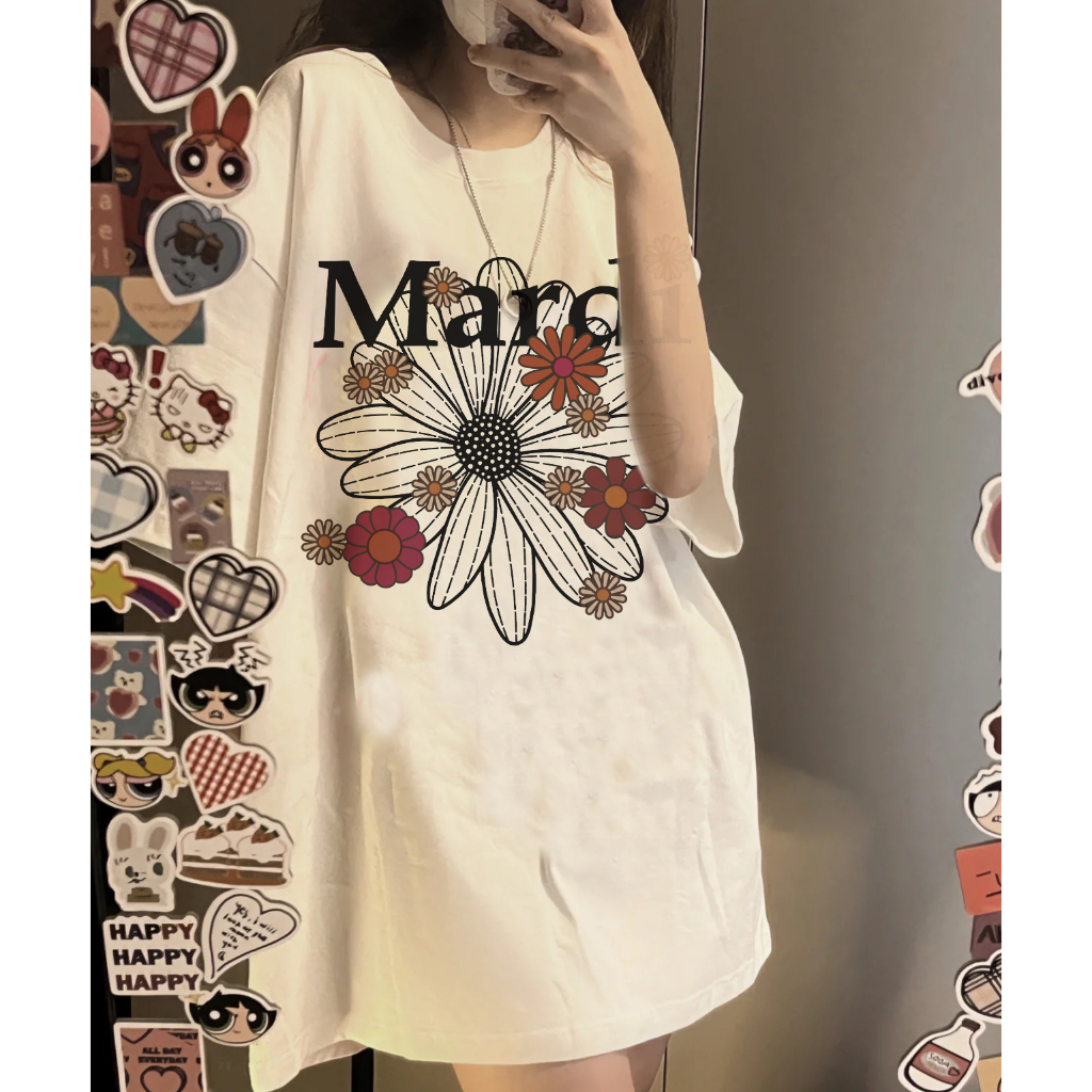 EUNII T-shirt Lengan Pendek Vintage Flowers Korean Style/Kaos Atasan Wanita/Baju Kaus Oversize Wanita/Kaos Wanita