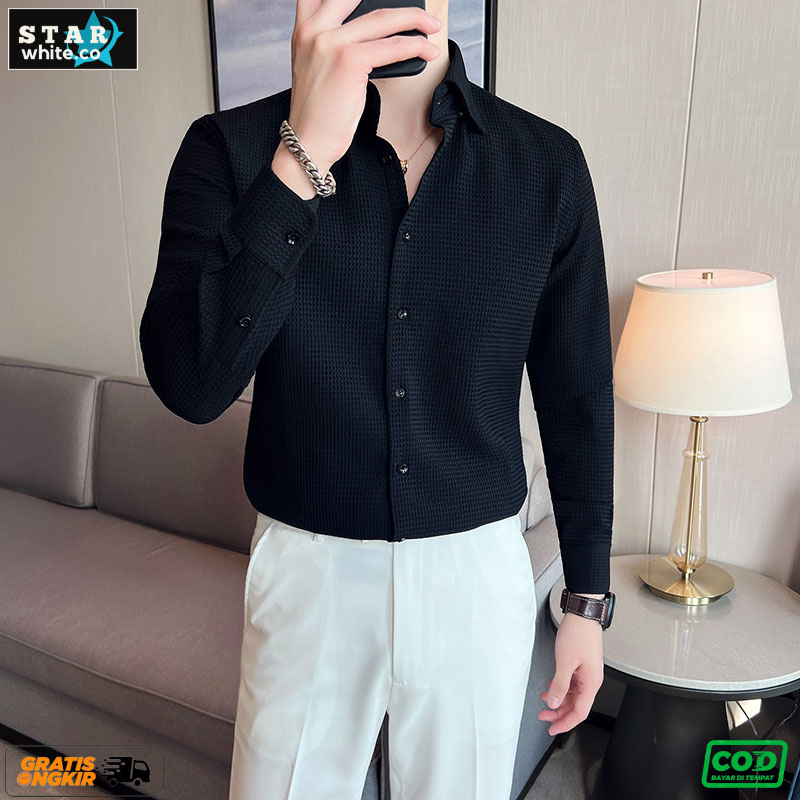 kemeja pria lengan panjang waffle knit uniqlo kemeja putih kemeja hitam