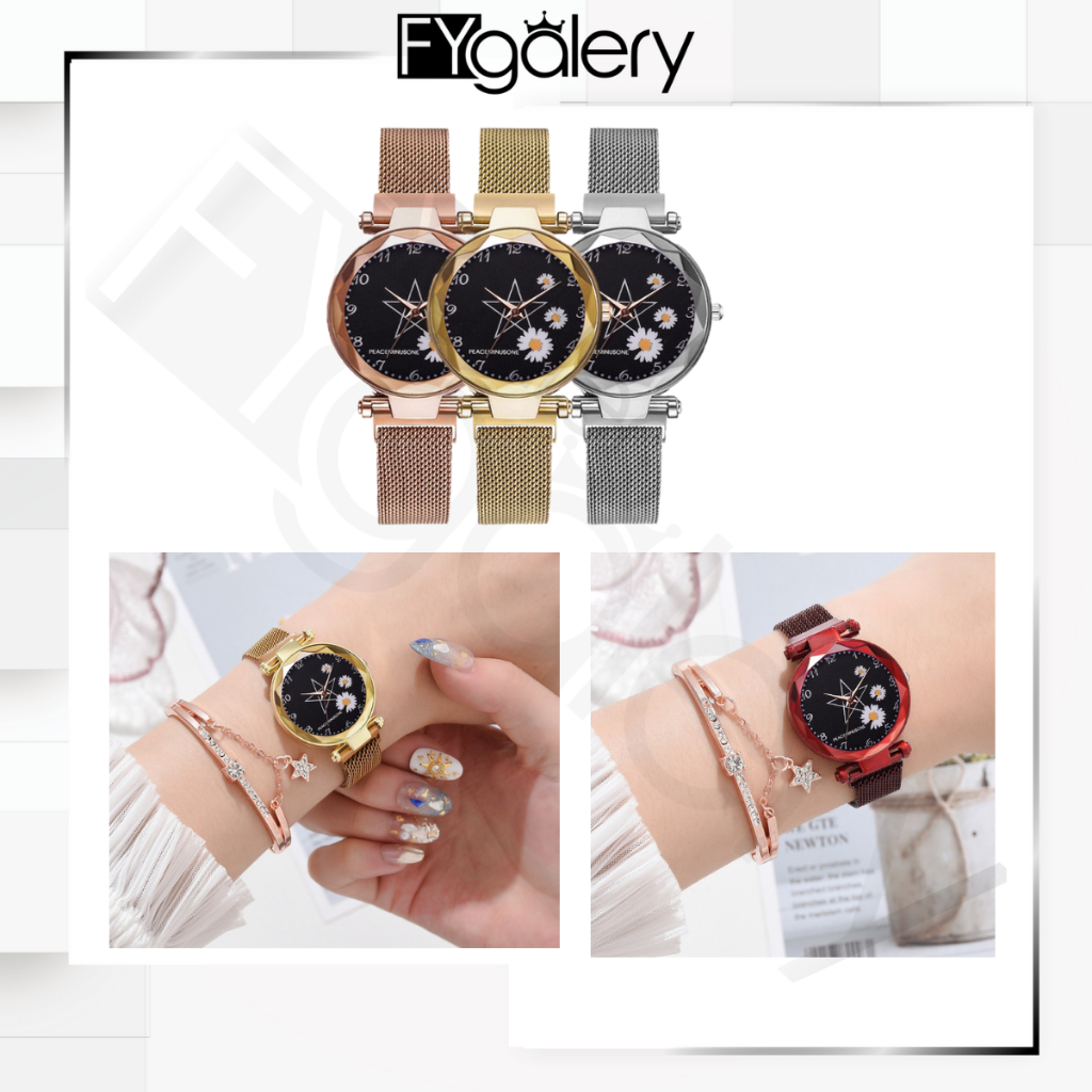 FYGALERY J174 Jam Tangan Rantai Wanita Jam Analog Motif Bunga Daisy