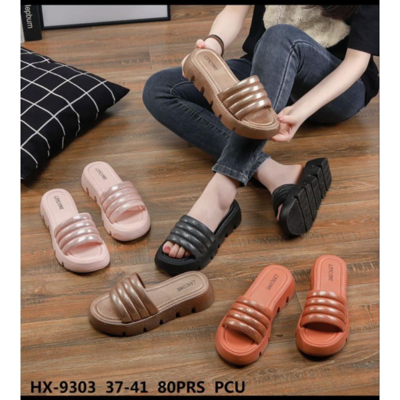 Sandal Selop Wedges Wanita Import Lancome Premium Terbaru 9303