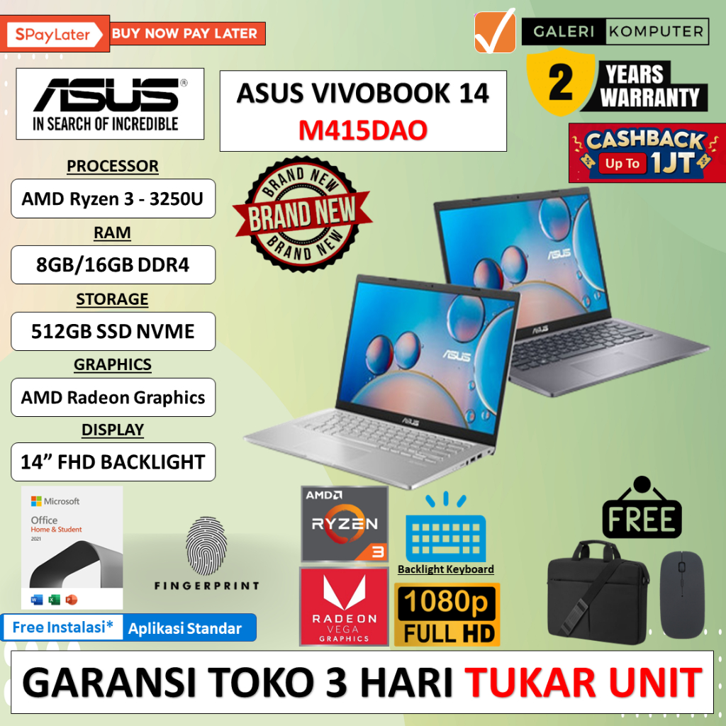 LAPTOP ASUS RYZEN 3 ASUS VIVOBOOK M415DAO AMD RYZEN 3 3250U 8GB 512GB FHD WINDOWS 11 HOME ORIGINAL