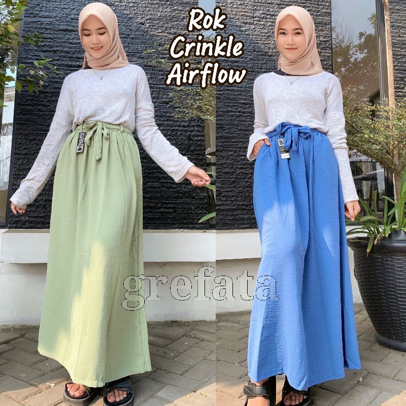 Rok A-Line Crinkle Airflow Premium Pinggang Tali Sabuk / Anrok Crincle Model Lebar Terbaru Kekinian Size Reguler Standar Jumbo Bb 45kg Sampai Bb 75kg / Rok Onder Wanita Murah Bagus Berkualitas / Grefata