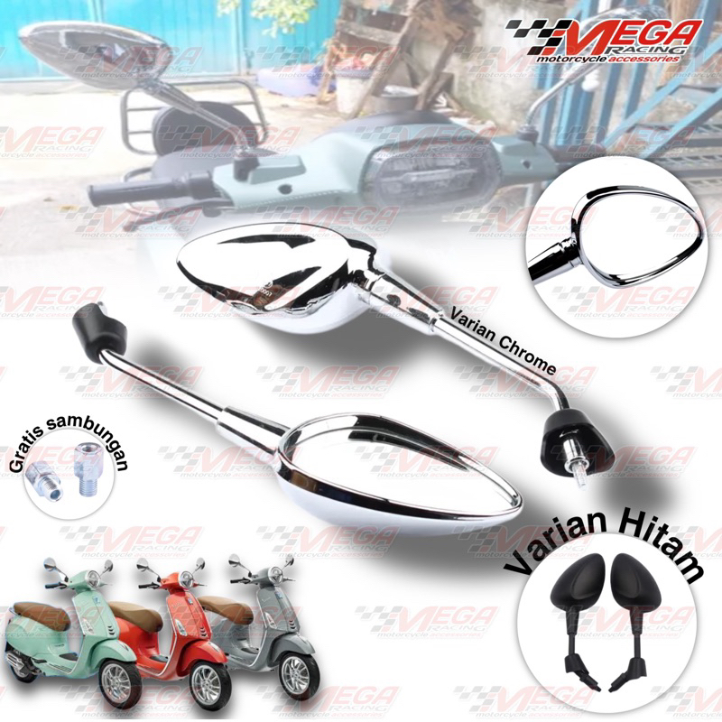 Spion Vespa Sprint Primavera Chrome &amp; Black Kaca Spion Motor Universal Nmax Pcx Aerox Xmax Adv Vario Beat Scoopy Rx King Vixion Genio Vazzio 110 125 150 155 160 Dll