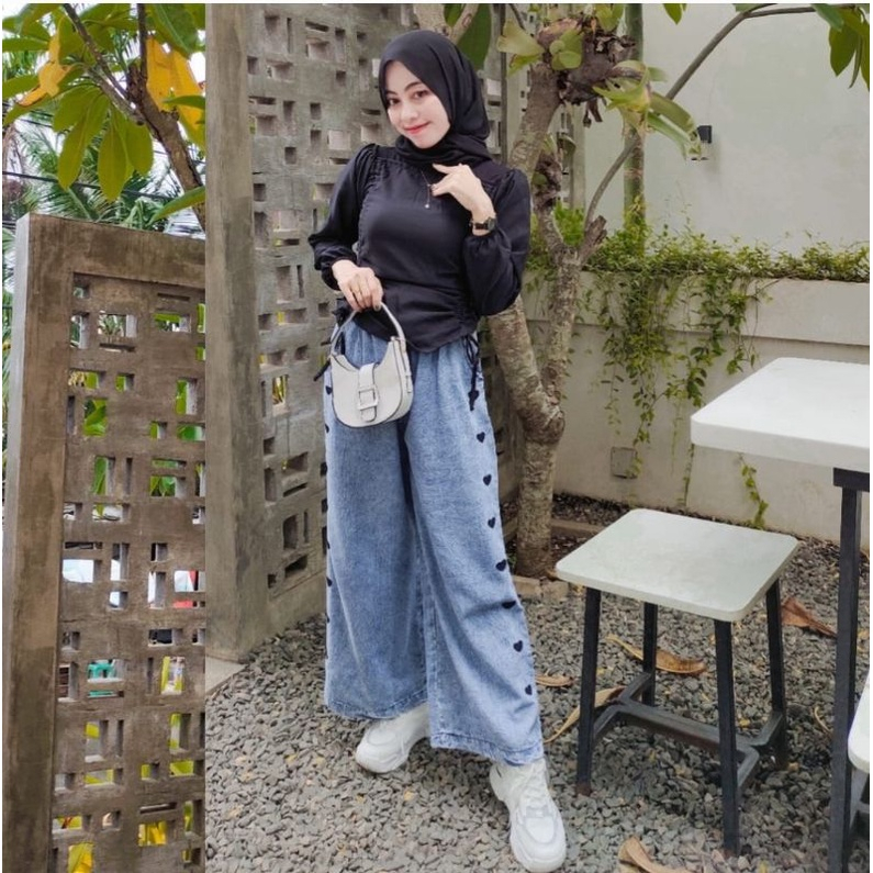 Kulot Jeans Love Wanita Dewasa Pinggang Full karet melarje ans washed kulot jeans highwaist wanita