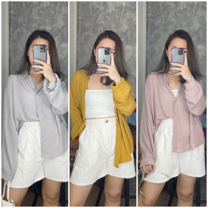 ♡ PREMIUM ♡ ORIGINAL ! NORRIE COLLAR BUTTON CRINKLE BACK TWIST LOOSE LONG SLEEVE SHIRT  ( BUSUI FRIENDLY )