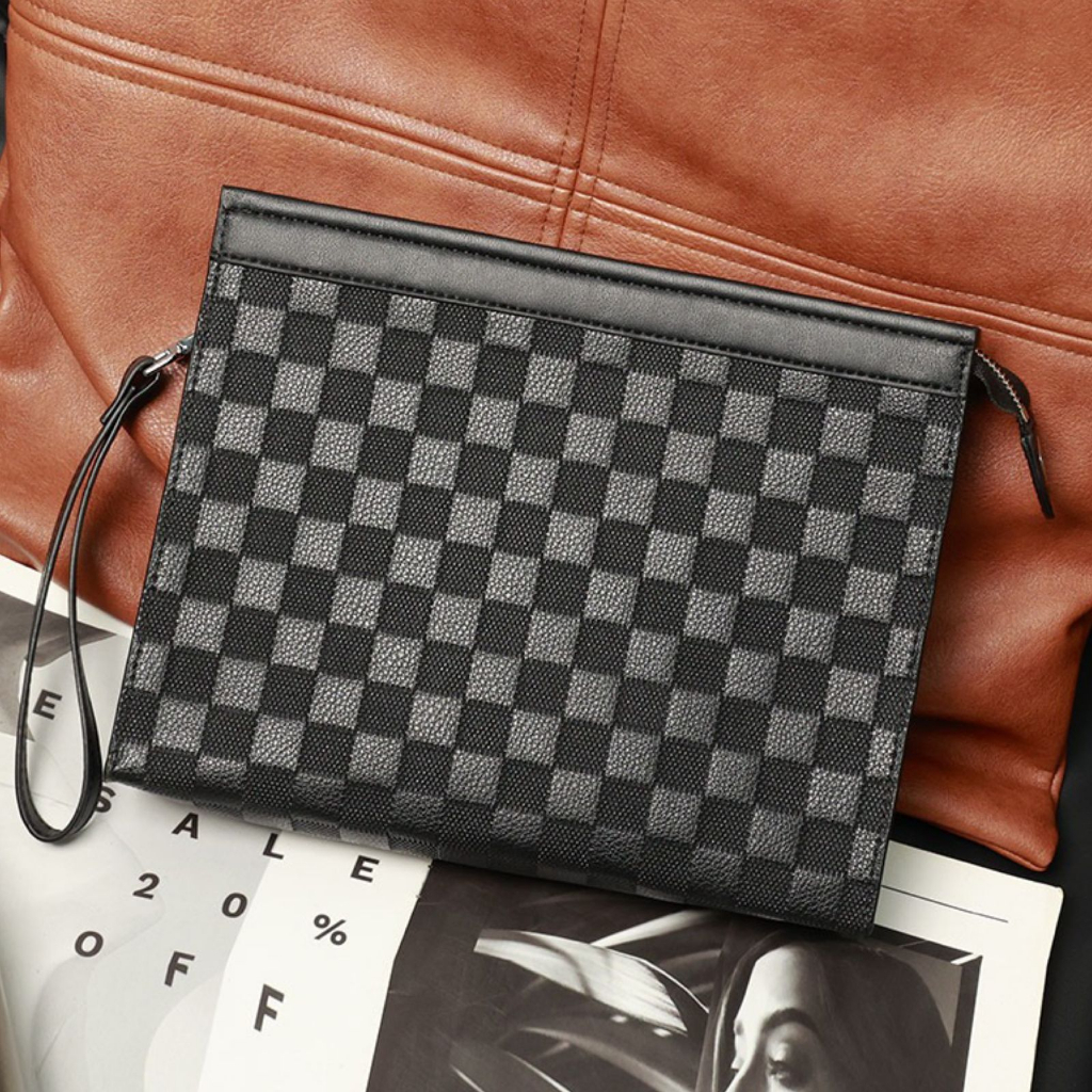 Handbag Import Clutch Kulit Kotak Kotak Hitam Pria Wanita Trendy Fashion Tebal Lembut 3905