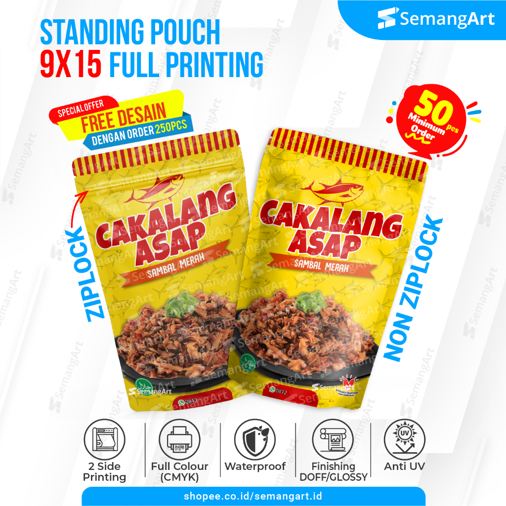 

Kemasan Full Printing Standing Pouch 9x15cm Aluminium Foil Plastik Klip Ziplock Zipper