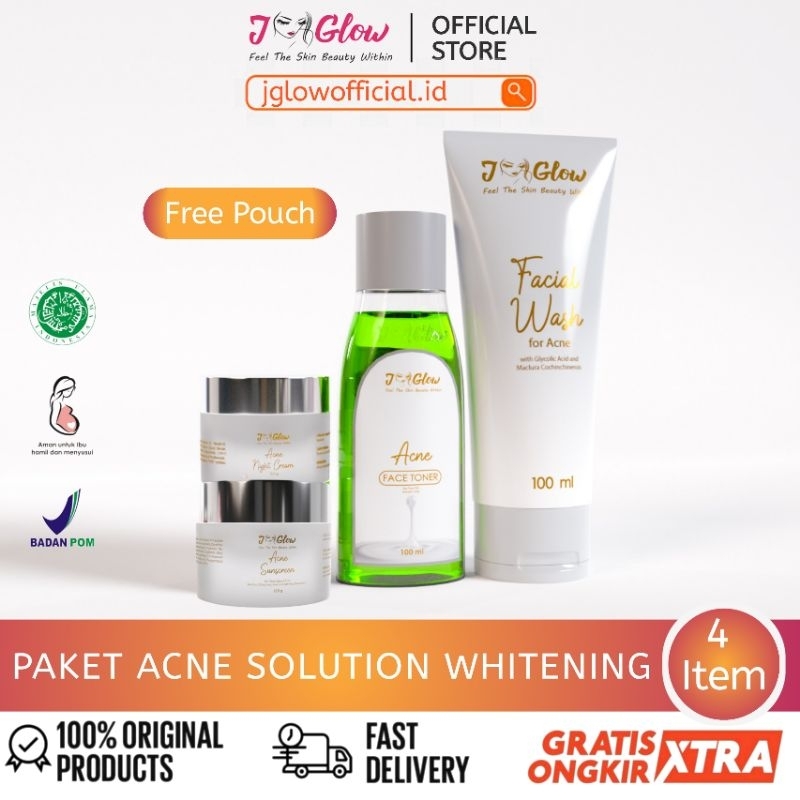 Jglow Skincare Paket Acne Solution Whitening / Rangkaian Skincare Glowing Untuk Perawatan Wajah Berjerawat Ringan Beruntusan Berminyak Bpom