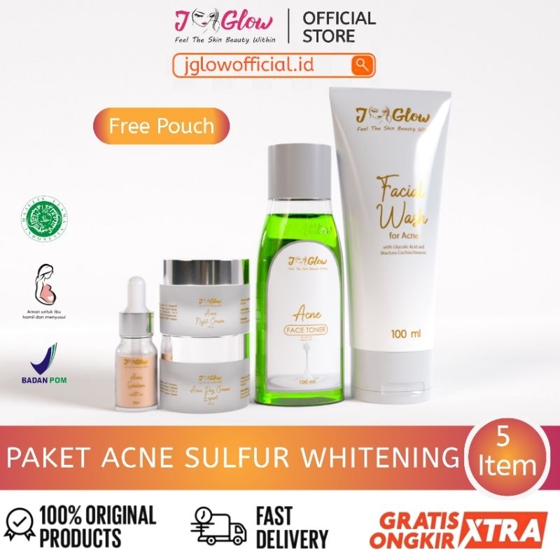 Jglow Skincare Paket Acne Solution Sulfur Whitening / Rangkaian Skincare Glowing Untuk Perawatan Wajah Berjerawat Meradang Bernanah dan Jerawat Batu