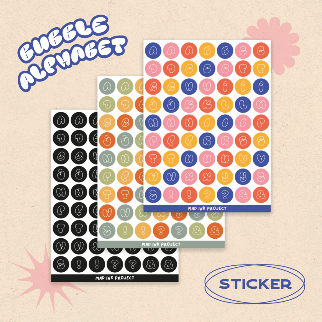 

MAD INK - BUBBLE ALPHABET / STICKER HURUF DECO RETRO AESTHETIC ROUNDED / STIKER WARNA SHEET