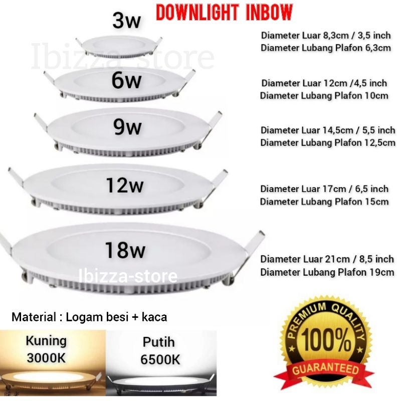 Lampu Downlight LED Panel Tipis Bulat Inbow 3W 6W 9W 12W 18W PUTIH - KUNING/WW Lampu plafon -IBZ--