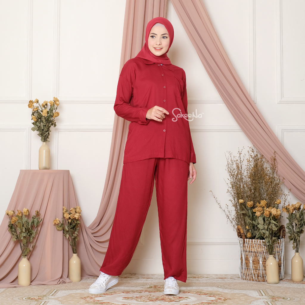 SAKEENA Pajamas Set Kemeja Dewasa Katun Rayon Polos Lengan Panjang