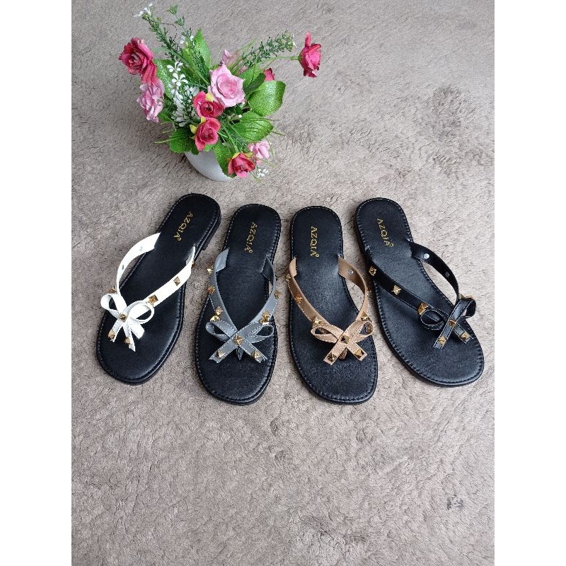 sandal flat teplek wanita piramide pita dasi