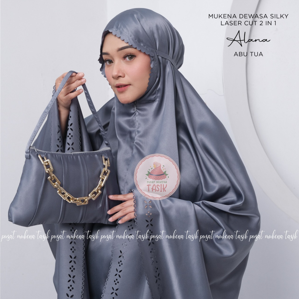 PUSAT MUKENA TASIK - MUKENA POLOS DEWASA SILKY LASER CUT 2 IN 1 ALANA