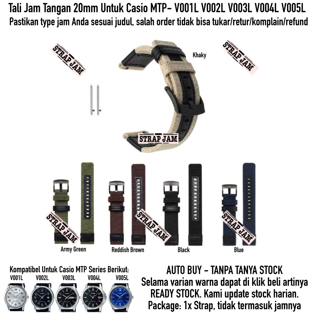 Tali Jam 20mm Strap Casio MTP- V001L V002L V003L V004L V005L - Woven Nylon Nilon Tebal