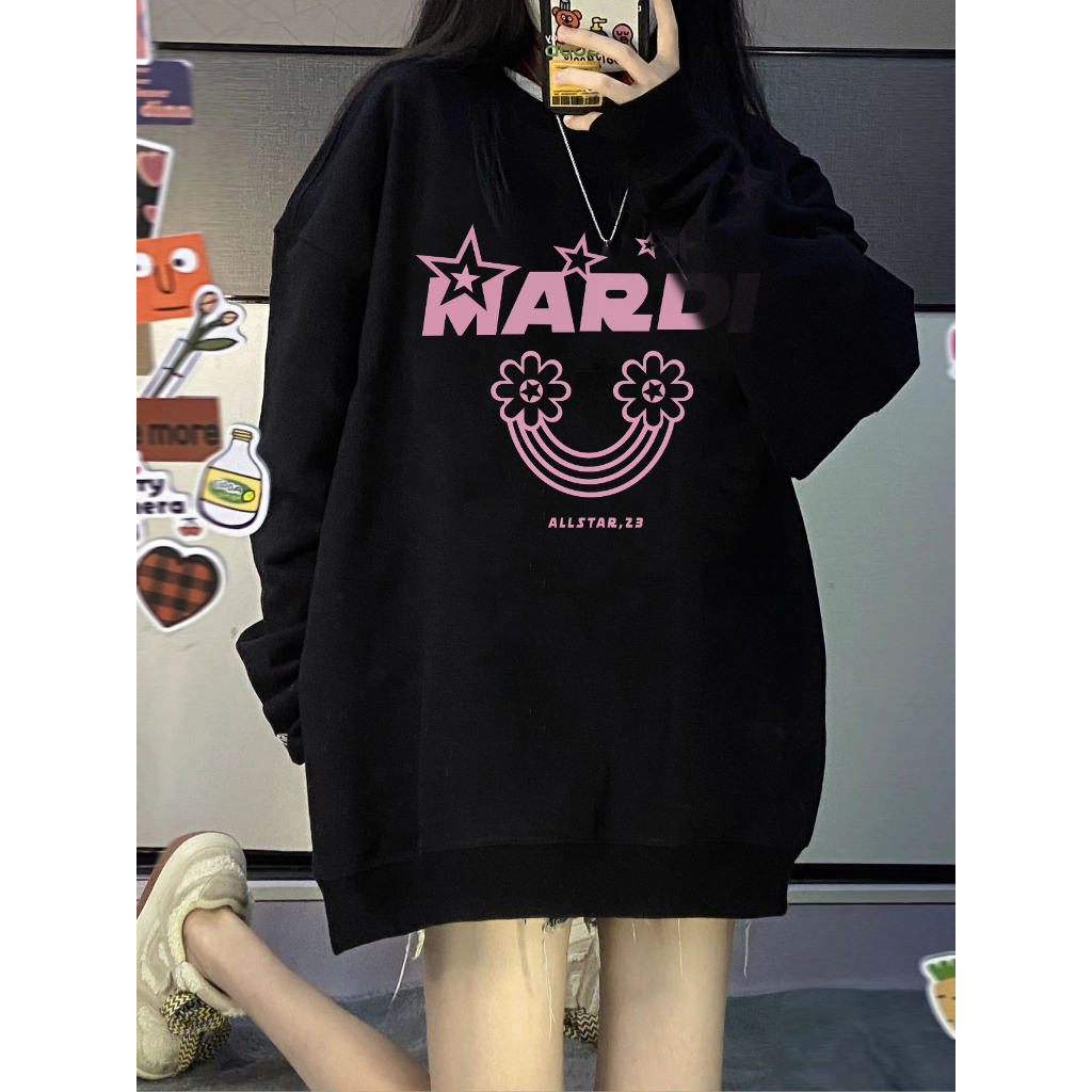 EUNII Sweater Lengan Panjang Cartoon Pink Mardi Star Printing Korean Style/Sweater Crop/Baju Wanita/Switer Wanita/Switer