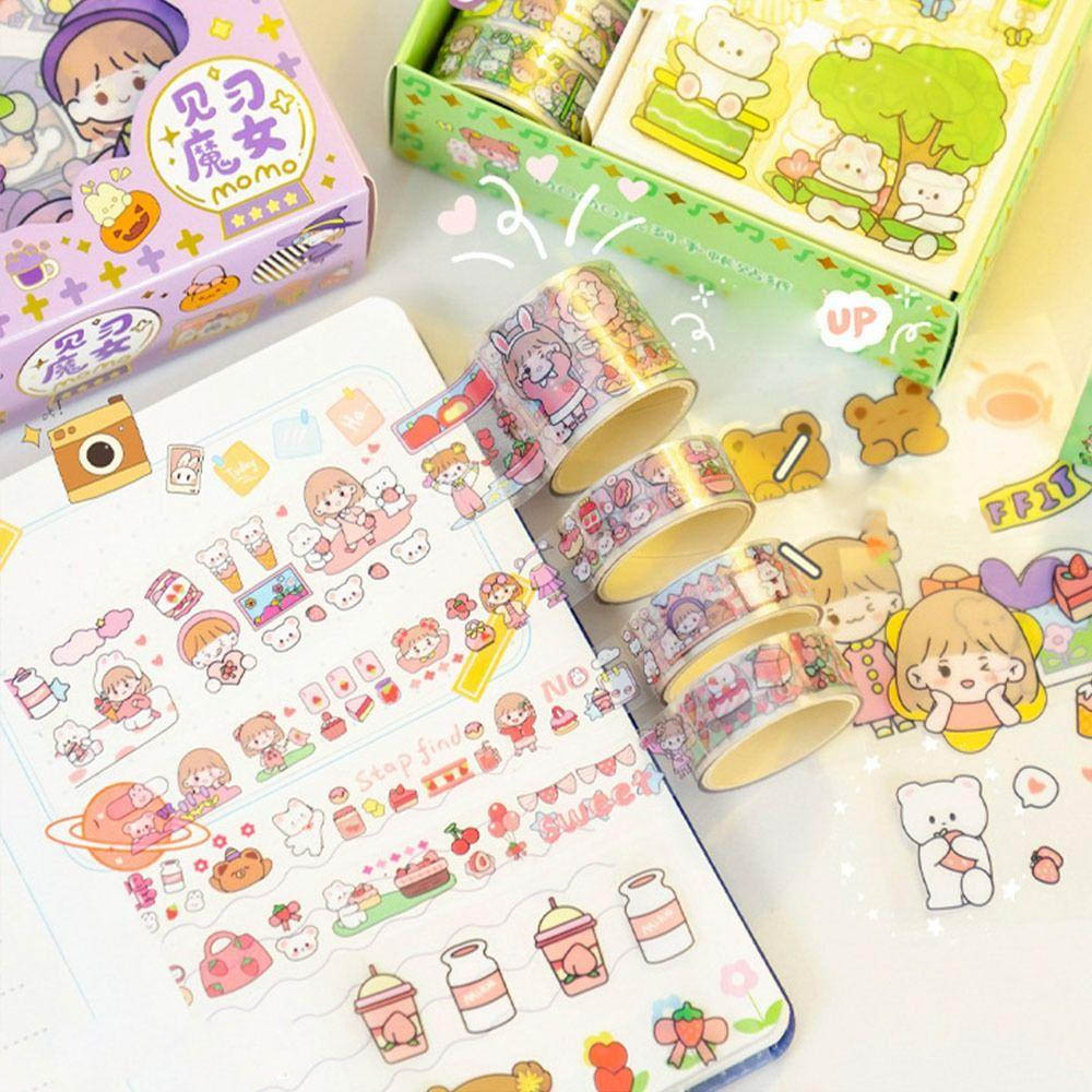 Stiker Box Mini 10 Lembar Dan 4 Roll TZ42 - Sticker Lembaran  satu set dengan Karakter Lucu, Keren dan Menarik Motif Kartun Korea Box PVC Anti Air RANDOM