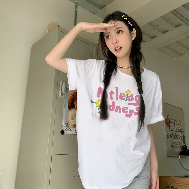 Print T-shirt Kaos Lengan Pendek Cartoon Pink Bee Printing Oversize Atasan Wanita Korean Style