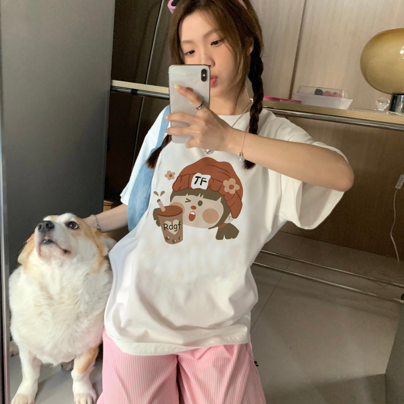 Print T-shirt Kaos Lengan Pendek Cartoon Milk Tea Girl Printing Oversize Atasan Wanita Korean Style