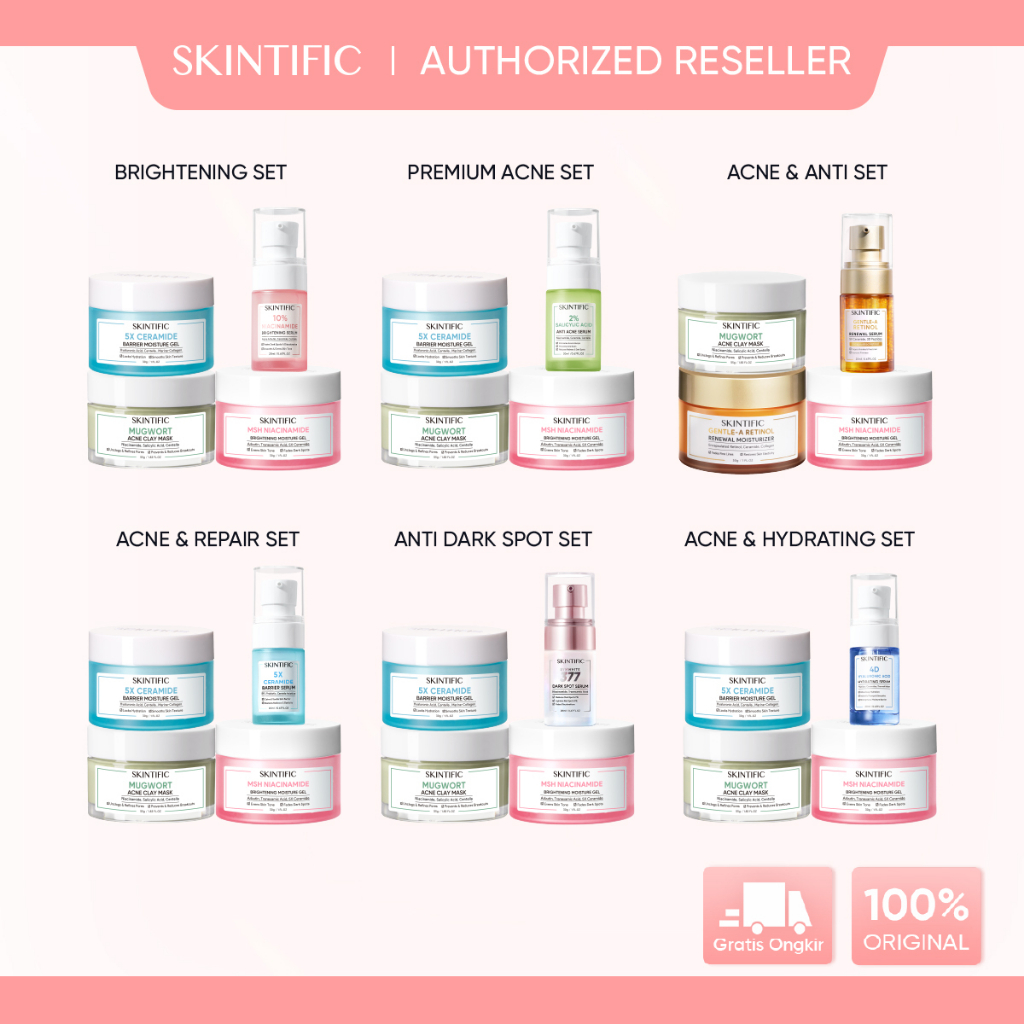 【Ready Stock】ori SKINTIFIC 4pcs Daily Glowing &amp; Acne Set- MSH Niacinamide Moisture Gel Moisturizer Face Cream / 5X Ceramide Moisturizer /Mugwort Acne Clay Mask / Brightening Serum /Anti Acne Serum / 377 Dark Spot Serum / Hydrating Serum 20ml Skincare Set