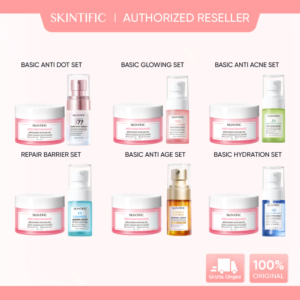 [BPOM] SKINTIFIC 2pcs Brightening Moisturizer &amp; Serum Set- MSH Niacinamide Moisture Gel 30g Moisturizer Whitening Moisture Gel Pelembab Wajah + Anti Dark Dot Serum /Glowing Serum /Anti Acne Serum / barrier Repair Serum / Hydration Serum 100% Ori