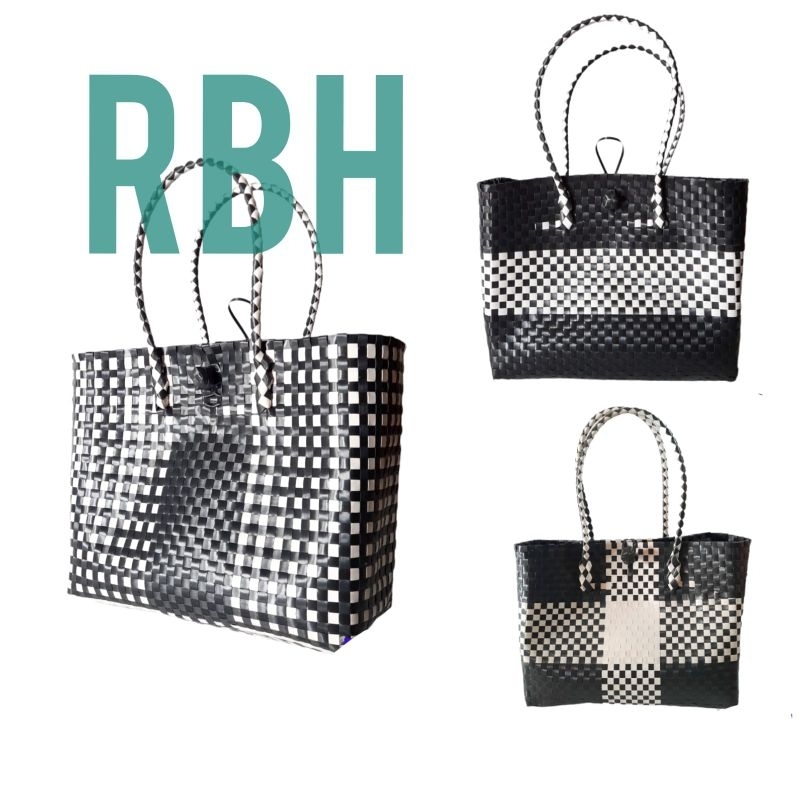 Tas Anyaman Plastik Premium Rotan Hampers Murah Keranjang Belanja Anyam Monokrom Size M dan L