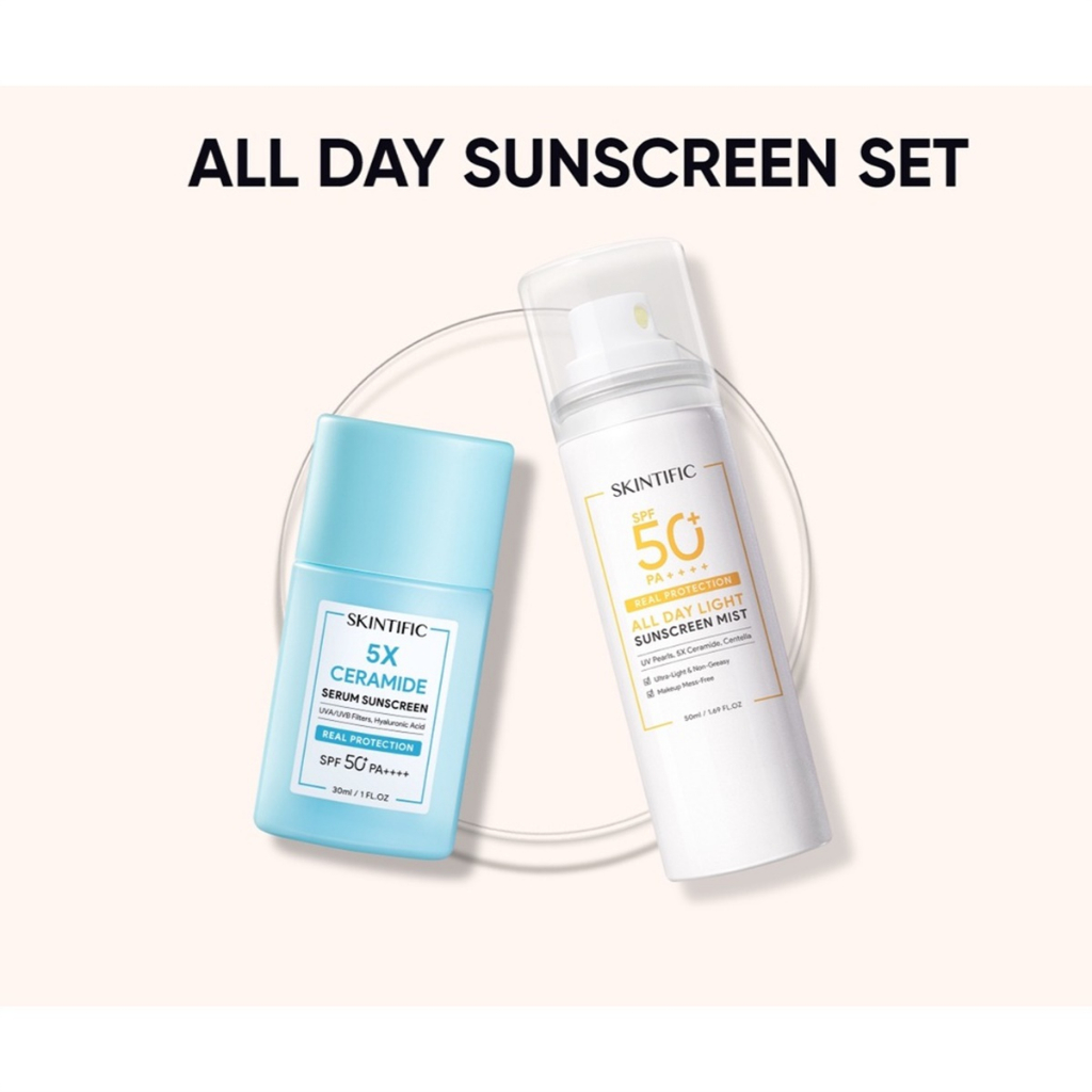 【Skintific Outlet Official】SKINTIFIC All Day Sunscreen Protection set SPF50 PA++++ 5X Ceramide Serum Sunscreen 30ml + All Day Light Sunscreen Mist 50ml Sunscreen Spray UV Shield Skincare Sunblock Face Sunscreen tabir surya wajah