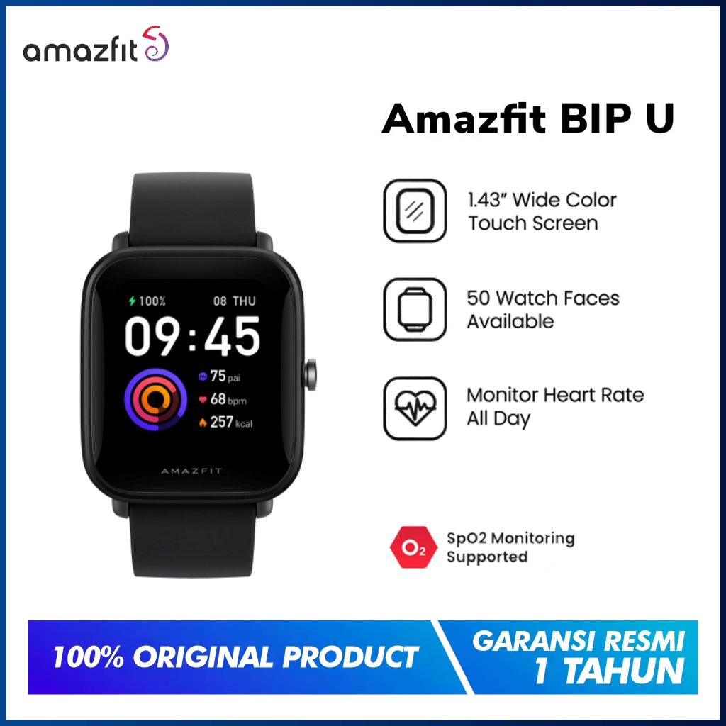 Amazfit Bip U smartwatch 1.43&quot; Big Color Touch fashion Screen SpO2 Monitor 5 ATM waterproof jam tangan 60+ sports mode 50 watch faces