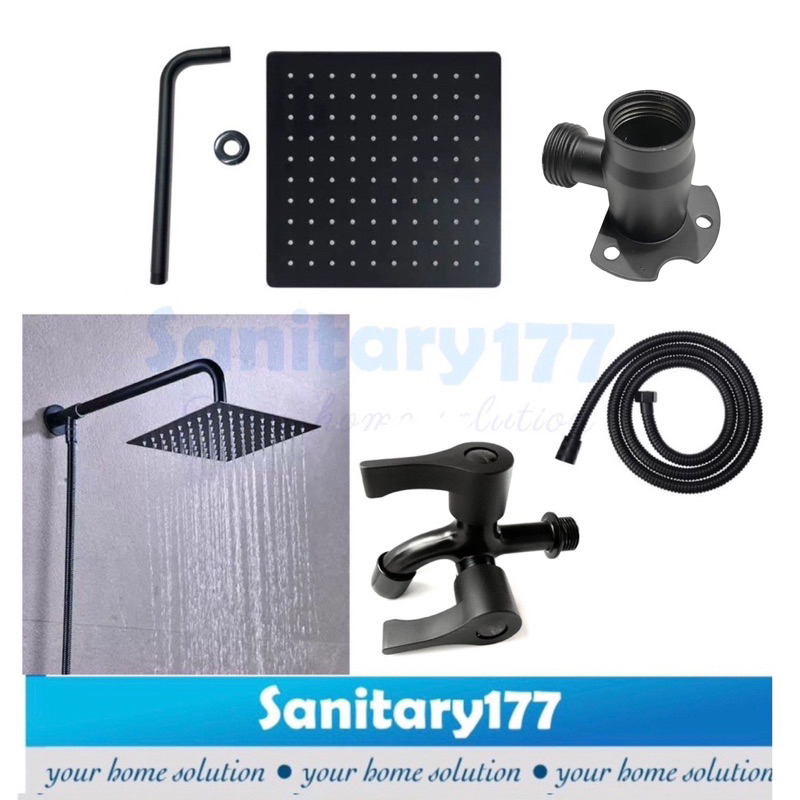 PAKET Wall shower Rainfall stainless kotak 20cm complete + Pipa 20cm &amp; bracket Tee + kran cabang hitam black  tanpa bobok instalasi luar shower tembok 8 inch