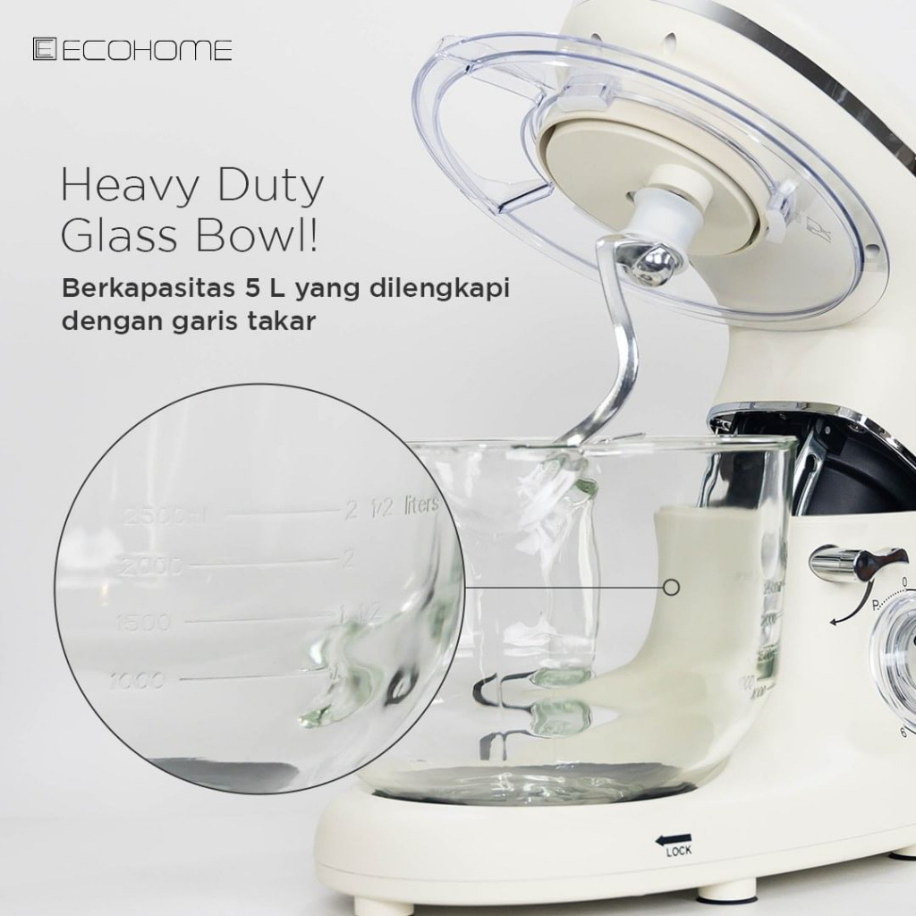 Stand Mixer Ecohome ESM 999 / ESM999 Platinum Glass Bowl Kapasitas 5 Liter - Wadah Kaca