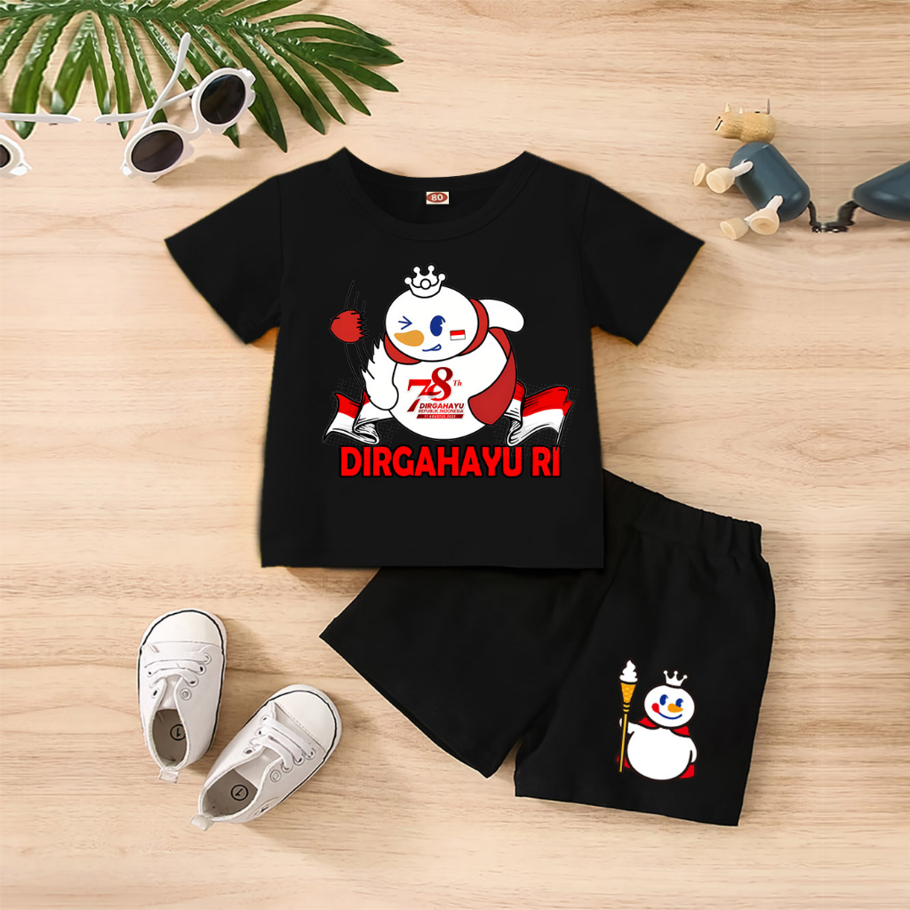 Baju Anak Stelan Kaos 3/4 MIXUE LEMPAR BOLA HUT RI 78 NKRI INDONESIA PANCASILA Cowok Cewek  Usia 1 - 4  Tahun Celana Pendek Harian