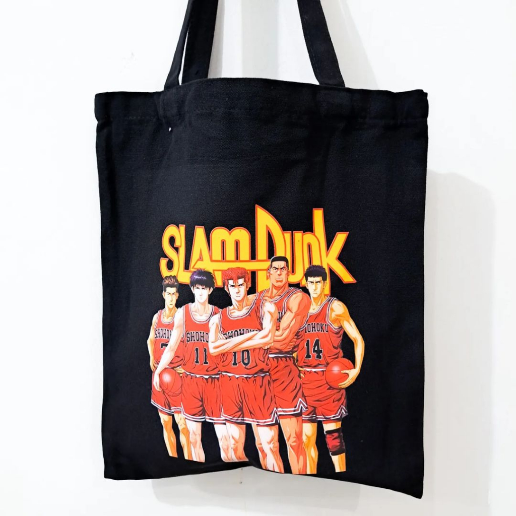 Totebag Kanvas Hitam Anime Printing Jujutsu Kaisen Slam Dunk Haikyu One Piece Tas Bahu Wibu Waifu