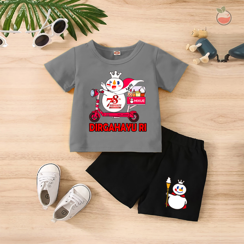 Baju Anak Stelan Kaos 3/4 MIXUE HUT FOOD RI 78 NKRI INDONESIA PANCASILA Cowok Cewek  Usia 1 - 4  Tahun Celana Pendek Harian