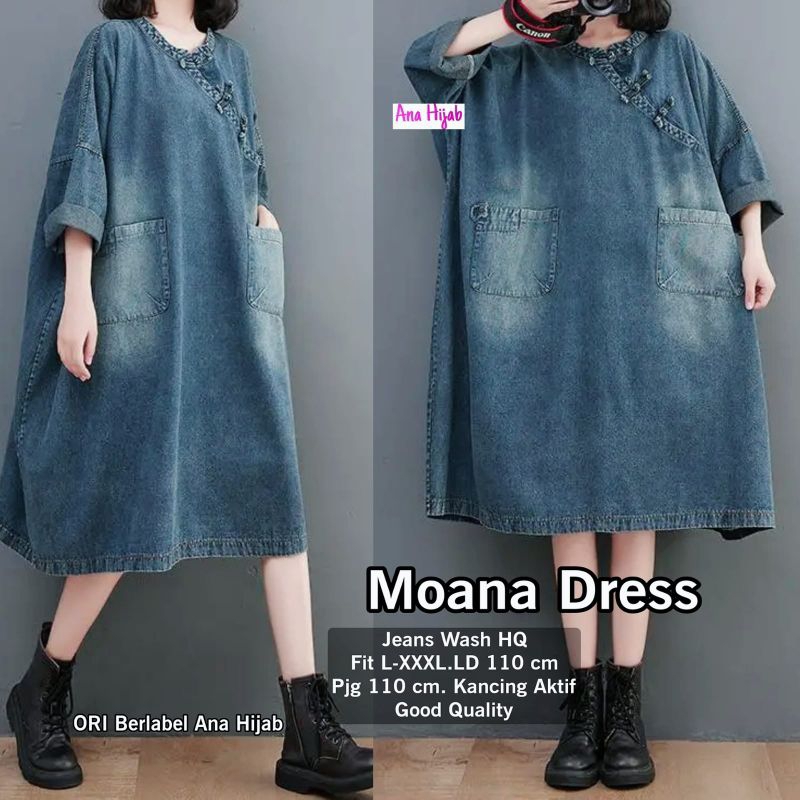 MOANA DRESS MIDI // MIDI DRESS BAHAN JEANS WASH ORI BY ANA HIJAB