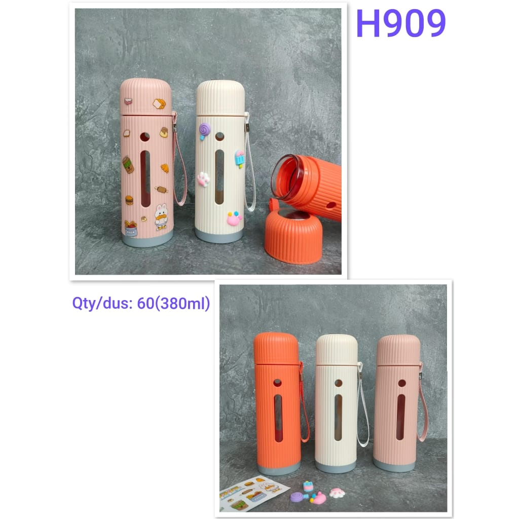 H909 [FREE STICKER] Botol Air Minum Kaca Mini Lapis Plastik Lucu Warna Pastel Dengan Tali 380ML