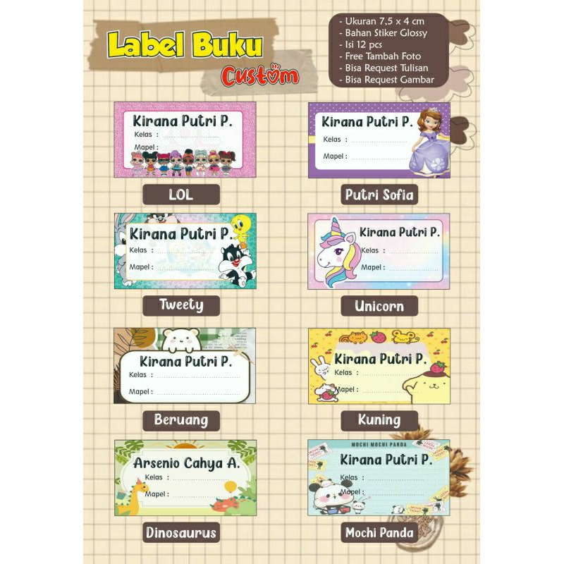 

(isi 24 pcs) Stiker Label Buku Custom Murah Free Tambah Foto