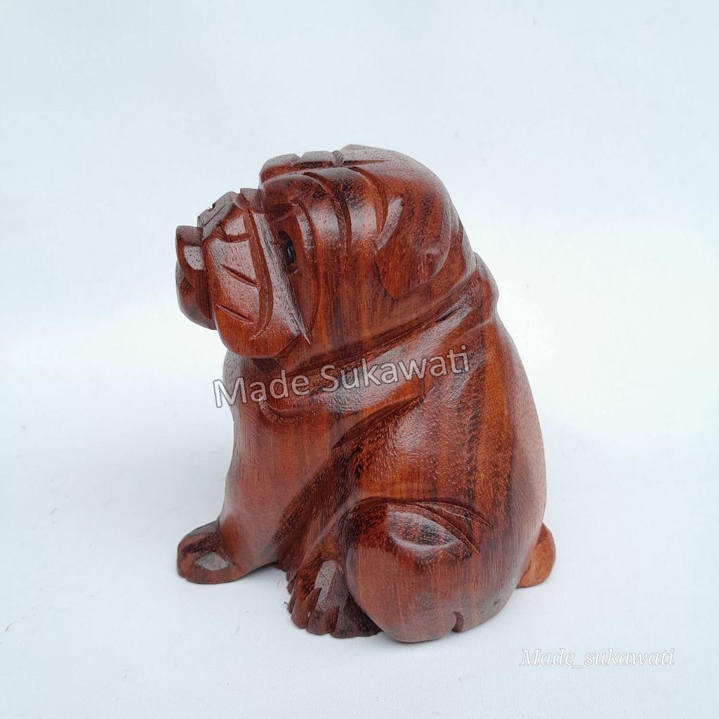 Patung kayu Anjing Bulldog Duduk 15cm Kerajinan handmade Bali