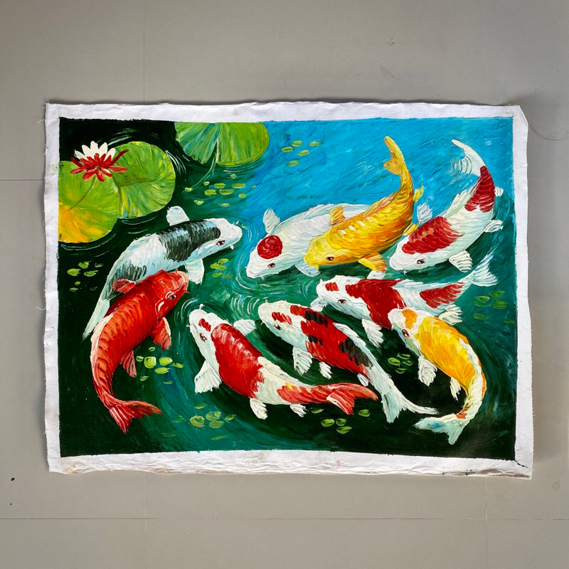 Lukisan Ikan Koi, Lukisan Fengshui Lukisan Kanvas Hiasan Dinding Ukuran 60 x 80 cm 100% Goresan Tang