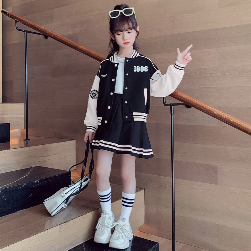 【Baru Datang!】5-14Tahun TZ-19 Setelan Set 2in1 Anak Perempuan High School Style Bomber Jacket + Mini Skirt