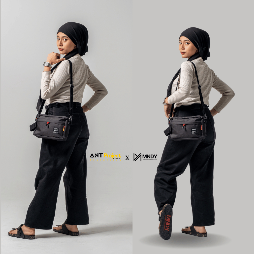 ANT X MNDY - BUNDLING - Sandal Slop Kulit Casual Unisex Big Size - Yuno Hitam x ant302 hitam