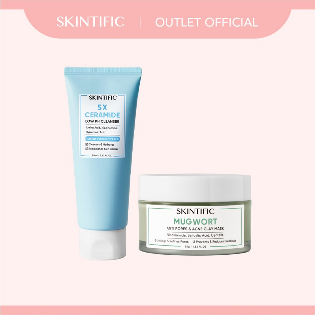 【Skintific Outlet Official】SKINTIFIC Mugwort Anti Pores &amp; Acne Clay Mask Pore Clarifying Wask Off Pack 55G Masker Wajah &amp; 5X Ceramide Low Ph Cleanser Gentle Cleanser For Sensitive Skin 80Ml Sabun Cuci Muka Pembersih Pencuci Muka【BPOM】