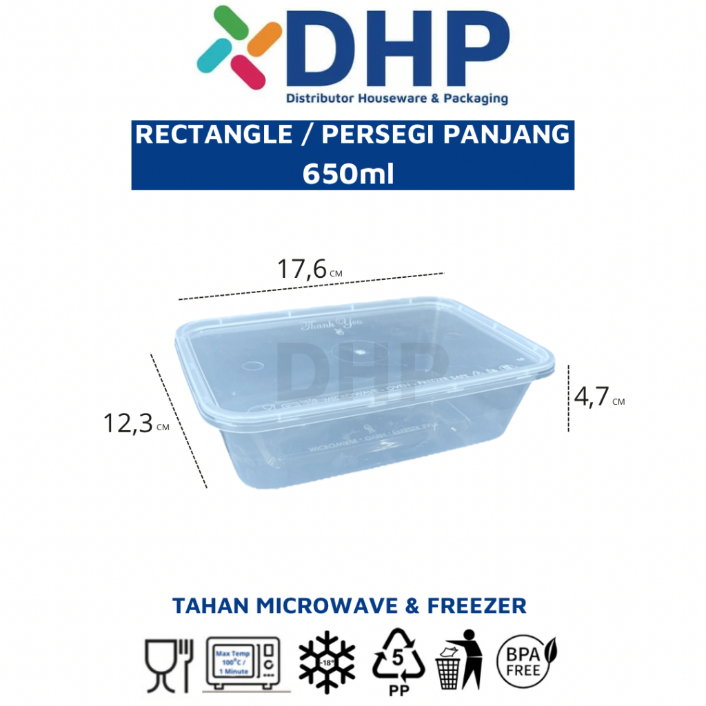 Thinwall 650ml RECTANGLE / PERSEGI PANJANG Container Makan Plastik