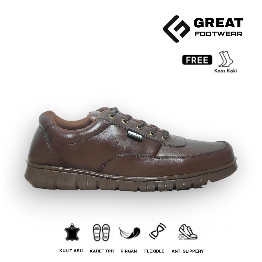 GREAT FOOTWEAR Sepatu Sneakers Pria Kulit Asli Sepatu Sepatu Kerja Pria Kasual Formal Anti Licin Kozy Brown