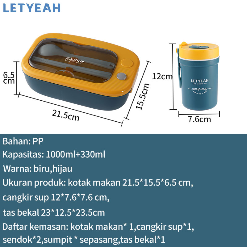 Letyeah Lunch box set kotak bekal anak 1000ml tempat bekal makan dan 330ml cangkir sup anti panas