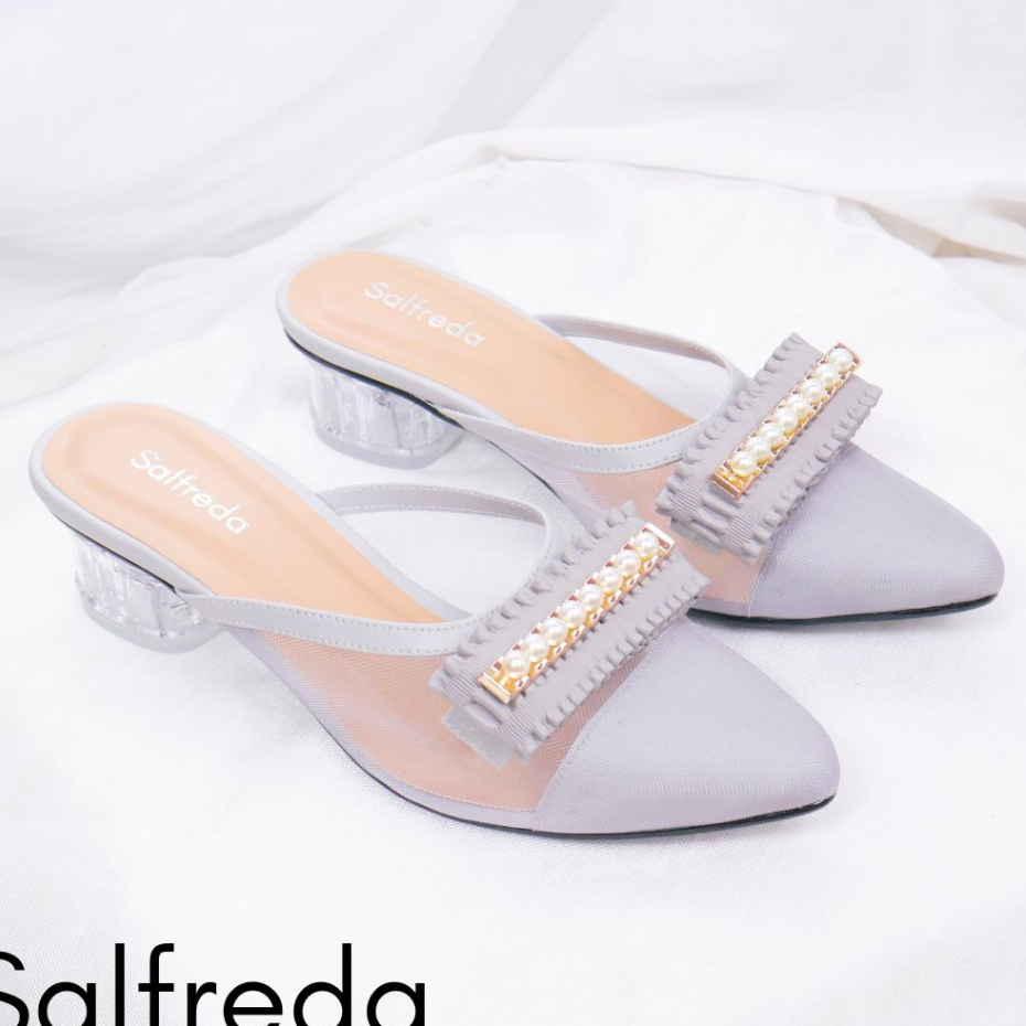 Sandal Sepatu Impor Korea Wanita Pesta Terbaru Kondangan Elegan Mewah Gray Abu Import Hak Heels 3 cm Kaca Pernikahan Wedding Kantoran RB70089